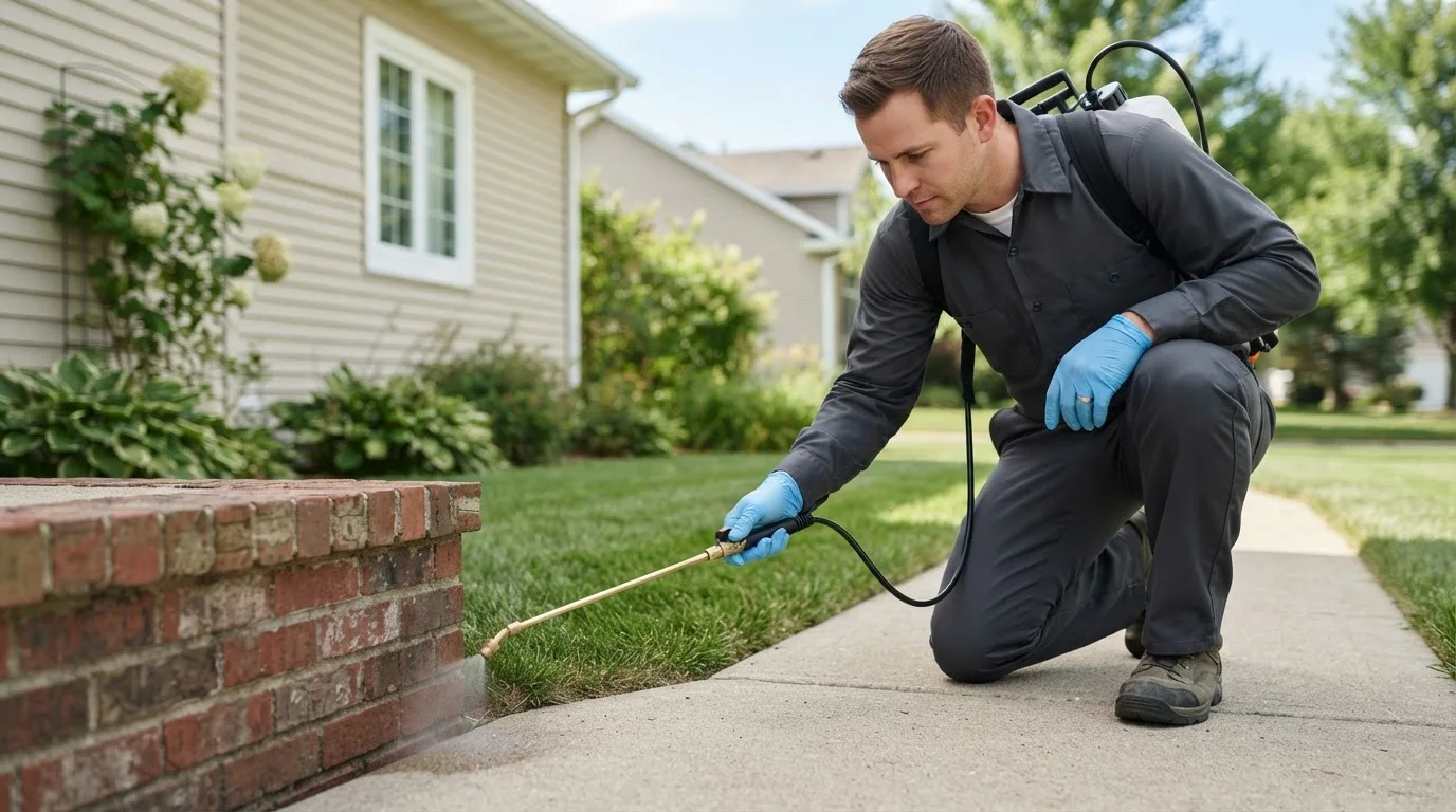 Pest control technician treating a home near Carle Place, NY