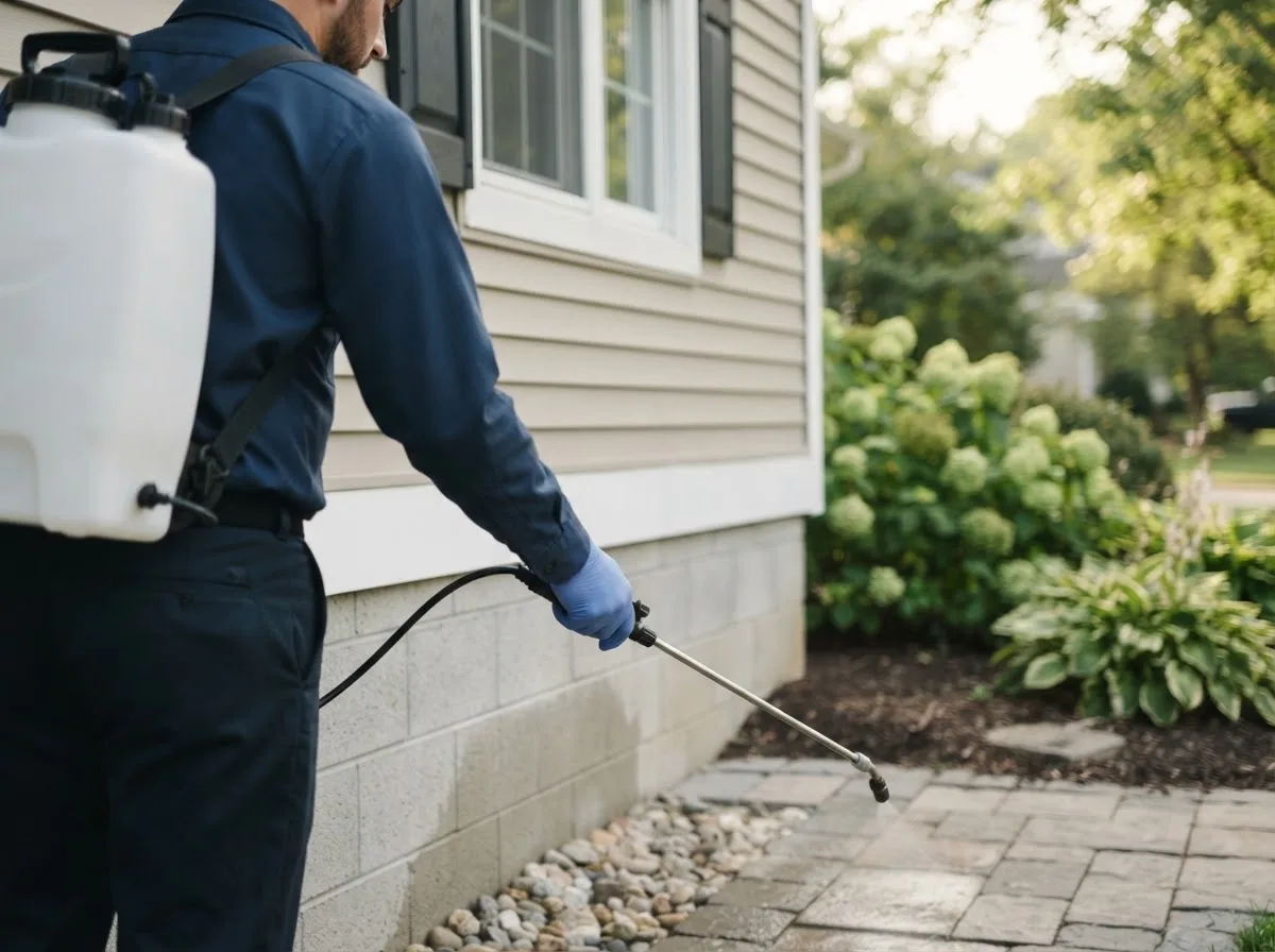 Pest control technician inspecting a home in Carle Place, NY